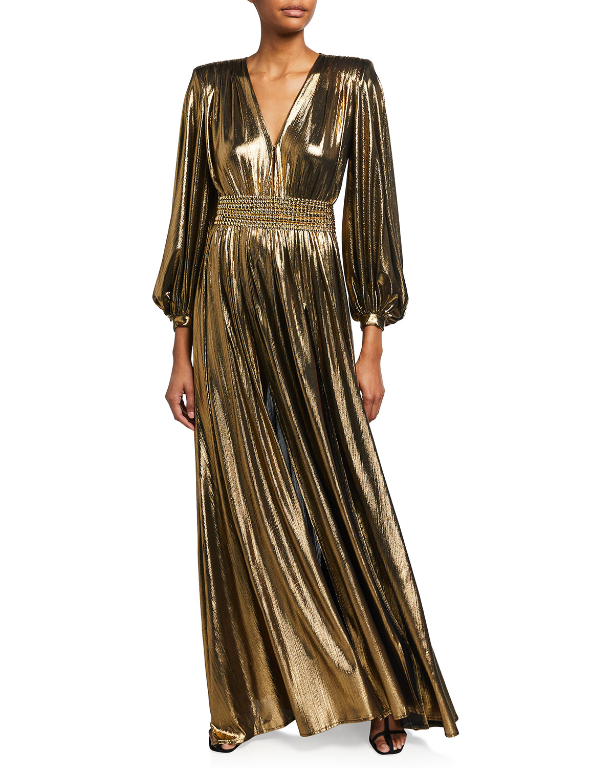 Bronx And Banco Zoe Metallic Lame Blouson-sleeve Gown In Gold