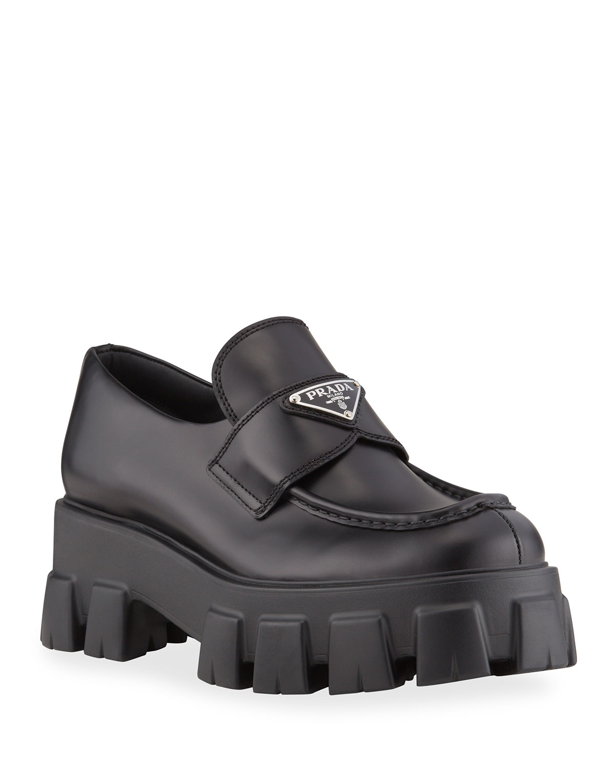 Prada Monolith Leather Logo Platform Loafers In Nero